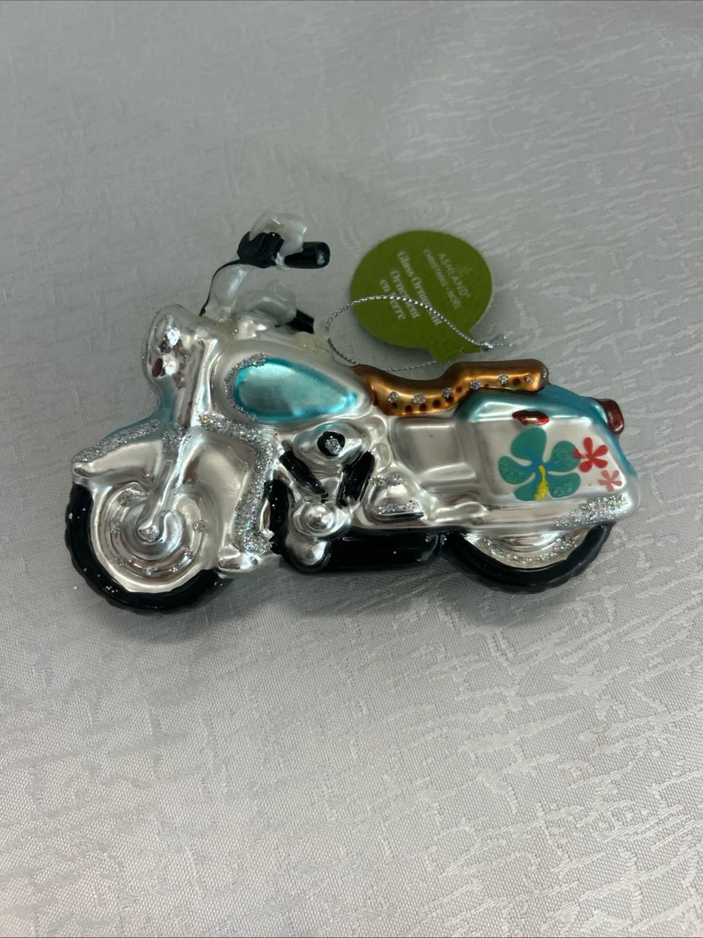 Ashland Silver and Turquoise Glass Motorcycle Ornament with Floral Accent